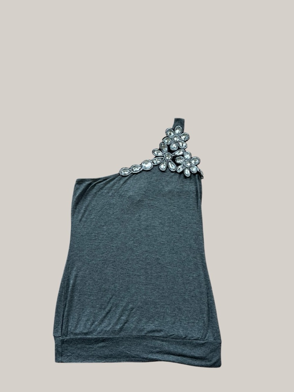 Body Central Women’s One-Shoulder Charcoal Gray Jeweled Top Size Large